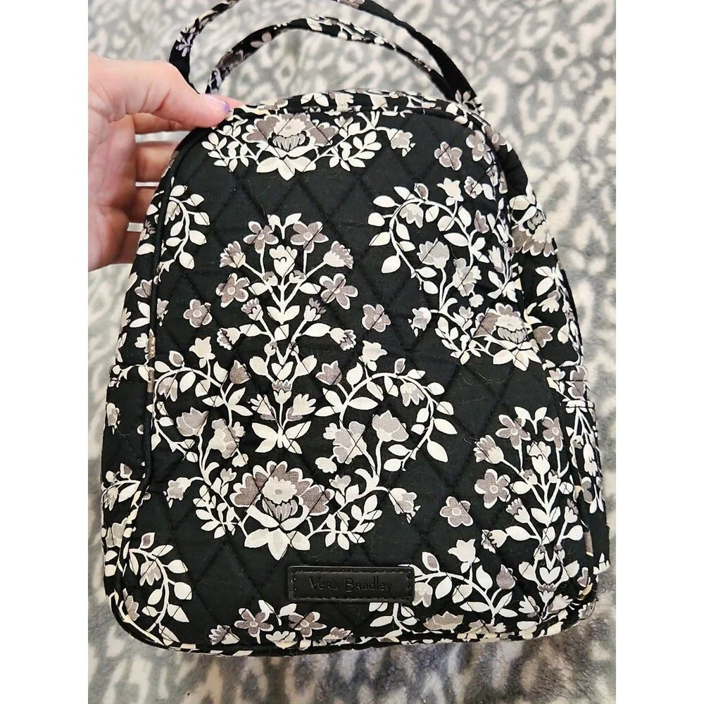 Classic Vera Bradley Quilted Thermal Lunch Bag Black & White Chandelier Noir EUC